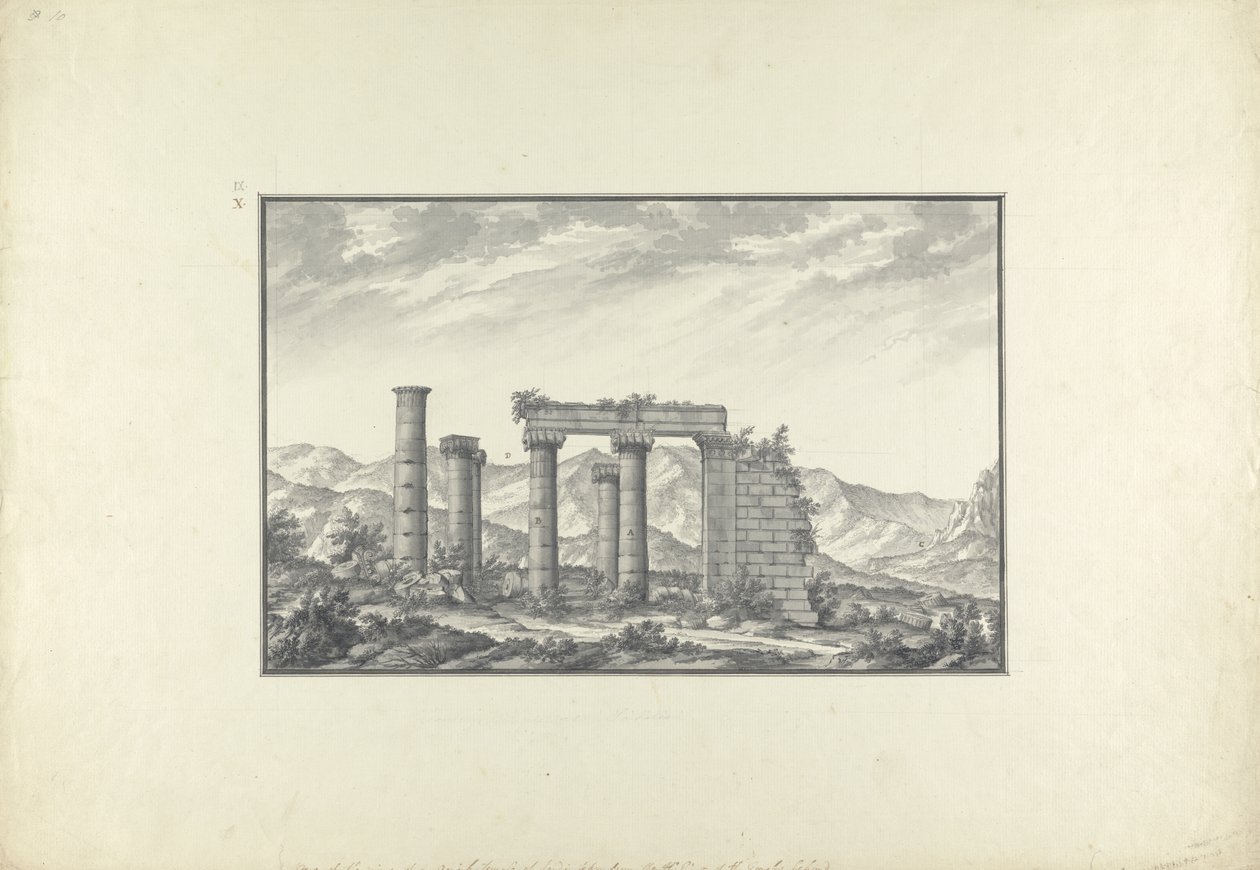 Utsikt over ruinene av et jonisk tempel på Sardis, sannsynligvis Neptun-tempelet, ca. 1750 (grå vask, penn og blekk og blyant på papir) av Giovanni Battista Borra