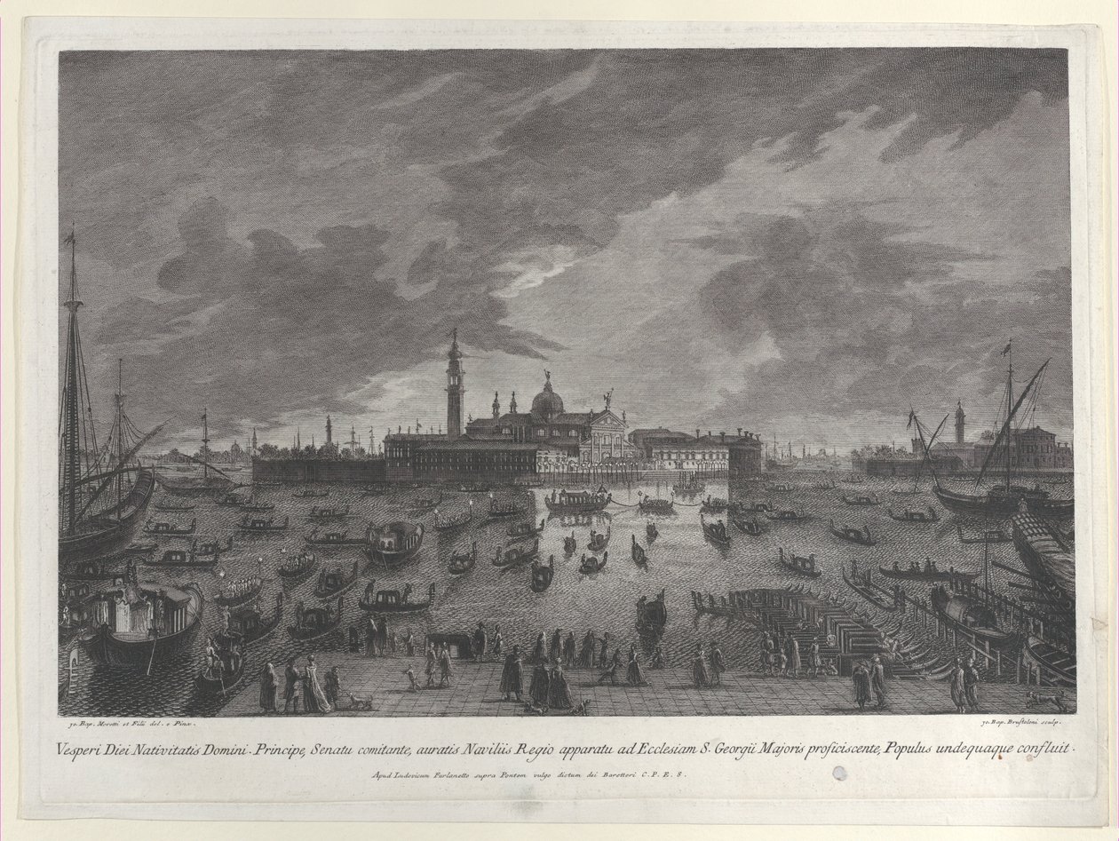 Nattsyn av prosesjonen på julaften til Doge og det venetianske senatet til San G..., 1763. av Giovanni Battista Brostoloni