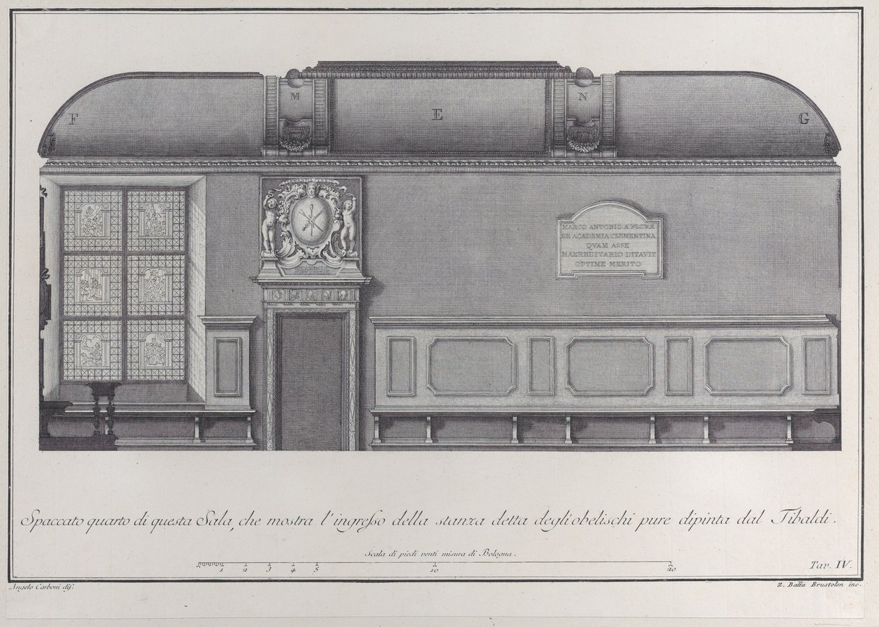 Plate 4: tverrsnitt av Hall of Institute of Bologna, med inngangen til r..., 1756. av Giovanni Battista Brostoloni