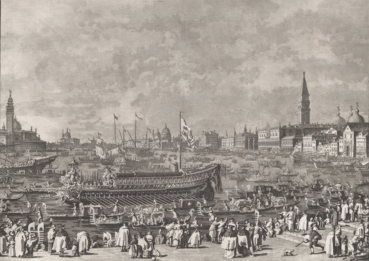 Plate 5: Dogen i Bucintoro Avreise til Porto di Lido på Kristi himmelfartsdag, f..., ca. 1766. av Giovanni Battista Brostoloni