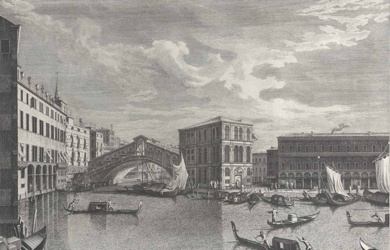 Rialtobroen, Venezia, med båter og gondoler i vannet, 1763. av Giovanni Battista Brostoloni