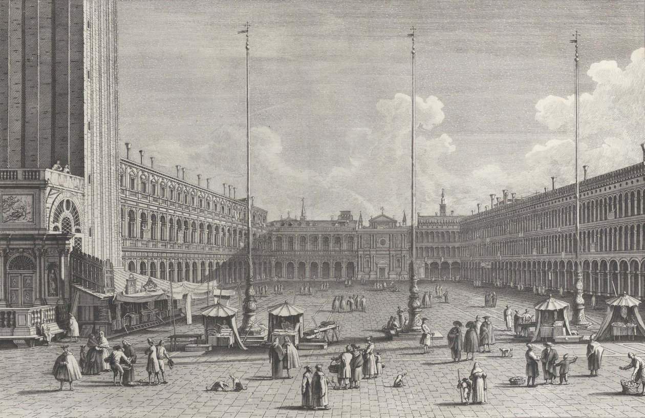 Utsikt over Piazza San Marco, med kirken San Geminiano ytterst, og figurer og..., 1763. av Giovanni Battista Brostoloni