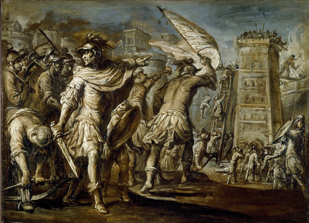 Første korstog: "" Genova condottiero Guglielmo Embriaco under erobringen av Jerusalem"" Det er opprinnelsen til et angrepstårn laget av skogen til Genova-skipene. Monokromt maleri av Giovanni Battista Carlone av Giovanni Battista Carlone