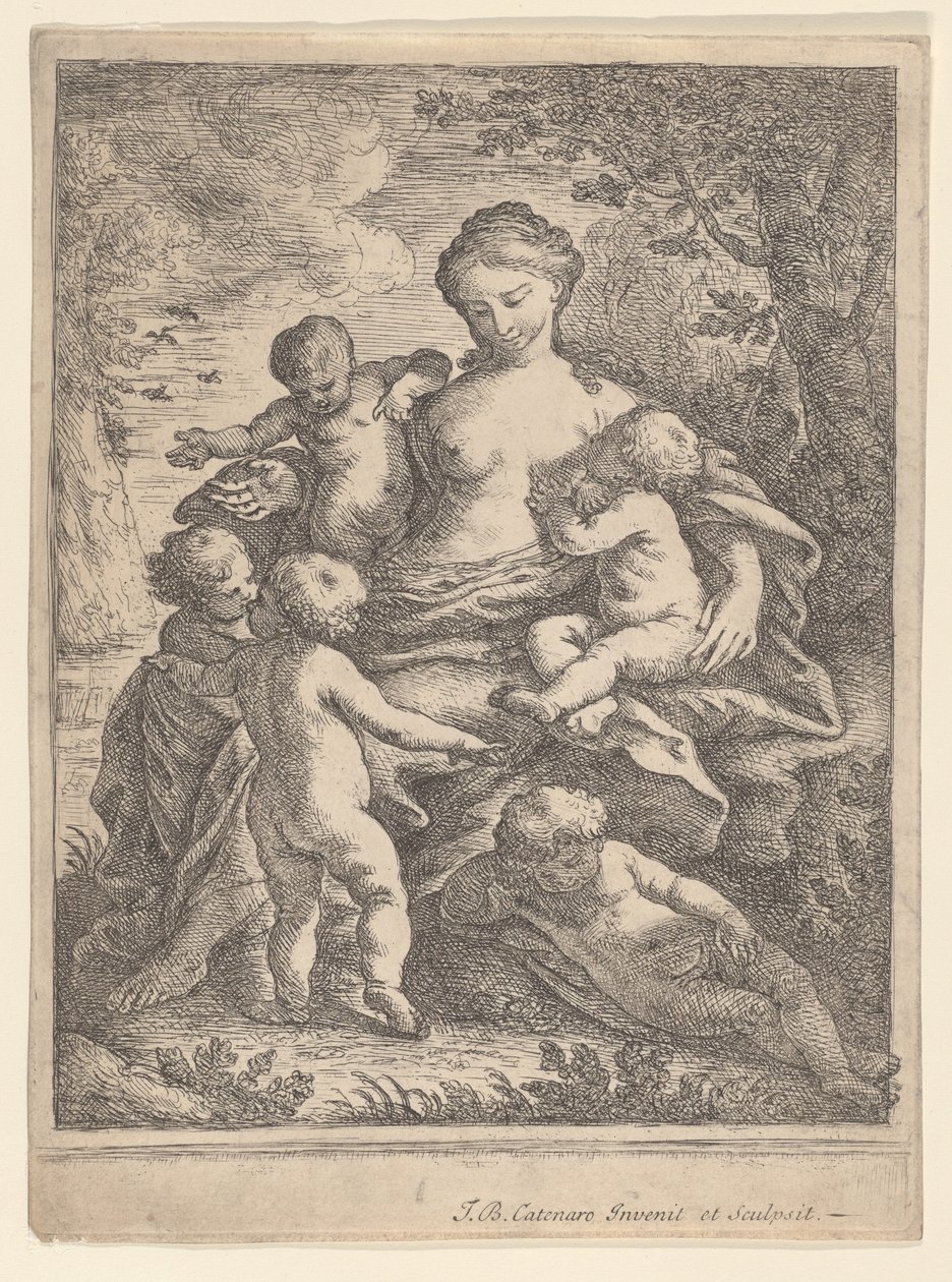 Veldedighet, sittende i et landskap omgitt av fem nakne barn, 1692-1727. av Giovanni Battista Catenaro