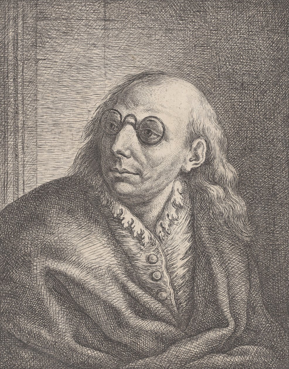 Portrett av Luca Giordano, iført runde briller og ser til venstre, 1692-1727., 1692-1727. av Giovanni Battista Catenaro