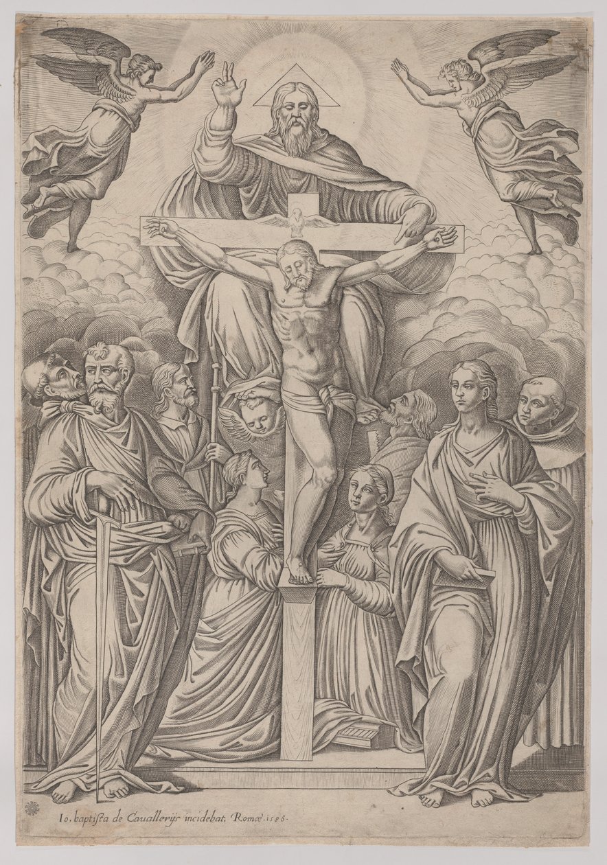 Treenigheten, med korsfestelsen i sentrum og helgener til begge sider, 1586. av Giovanni Battista Cavalieri