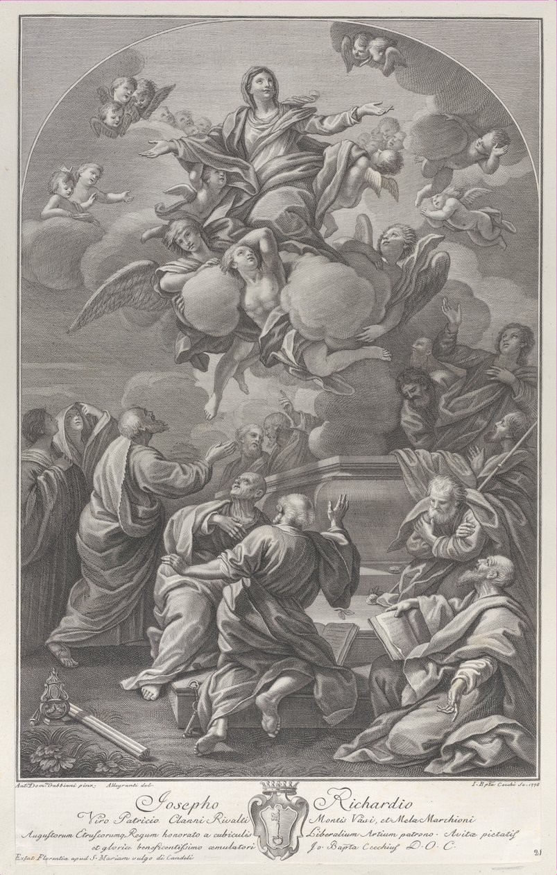 The Assumption of the Virgin, som reiser seg fra graven omgitt av apostler, 1778. av Giovanni Battista Cecchi