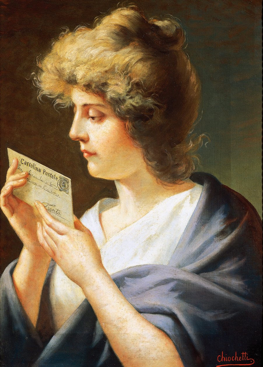 Jente med brev, maleri av Giovanni Battista Chiocchetti (1843-1917) av Giovanni Battista Chiocchetti