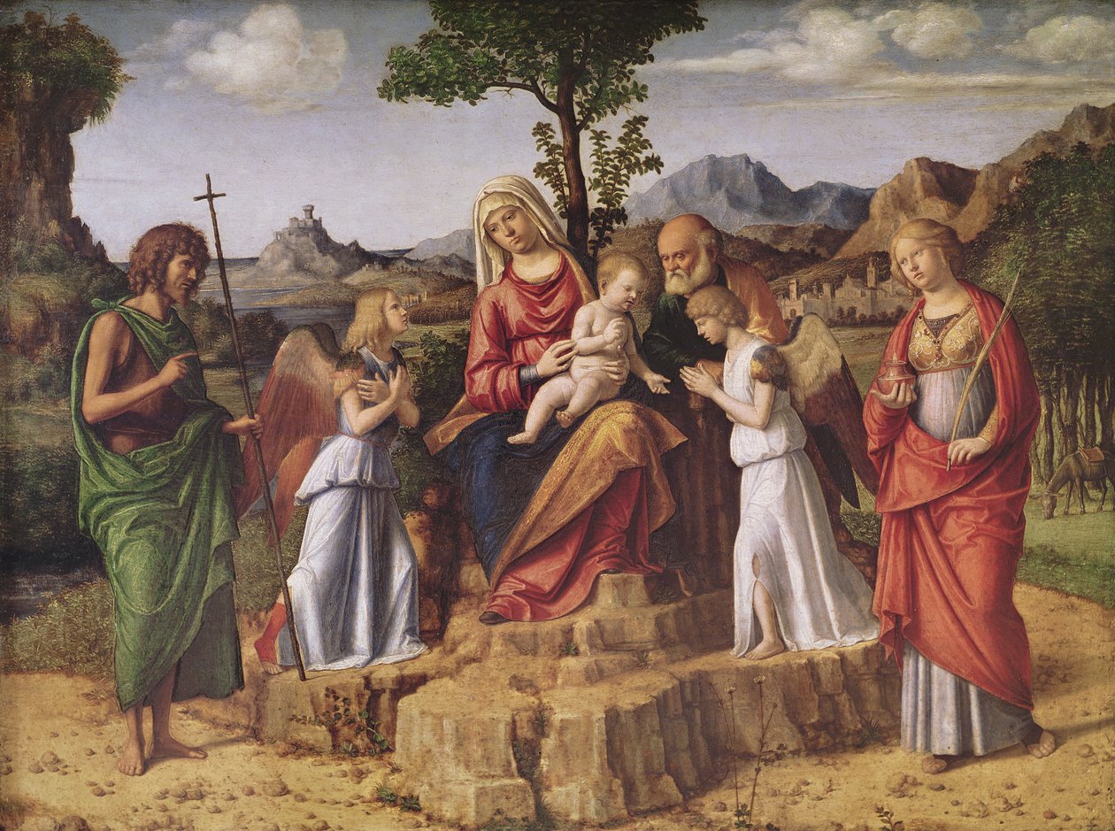 Hellig samtale (Den hellige familie omgitt av engler, Saint Lucy og Saint John the Baptiste), stopper før flyturen til Egypt, ca. 1490 av Giovanni Battista Cima da Conegliano