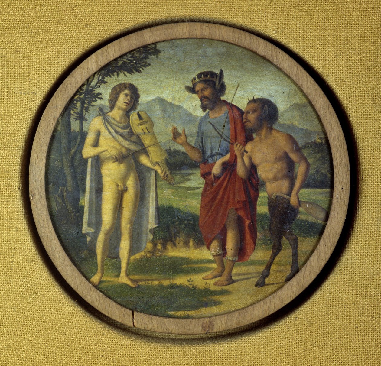 Tastaturinstrumentdeksel med illustrasjon som viser Apollo (med lyre) og Marsyas av Giovanni Battista Cima da Conegliano