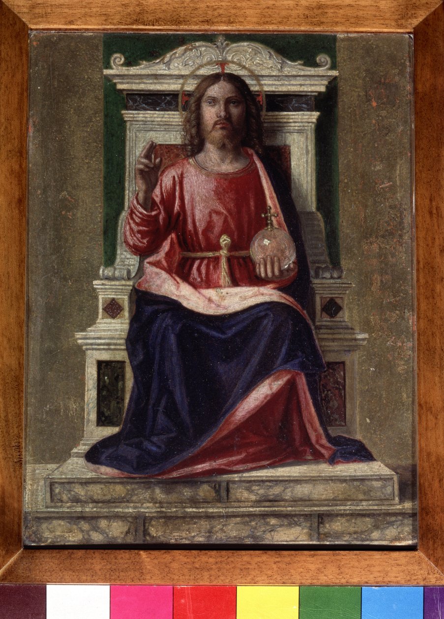 ""Kristus på tronen"" Glorien hans er markert med et kors, han holder i venstre hånd en globus overbygd av et kors og gjør et tegn på velsignelse med høyre hånd. Maleri av Giovanni Battista Cima da Conegliano (ca. 1459-1517) ca. 1505 Dim av Giovanni Battista Cima da Conegliano
