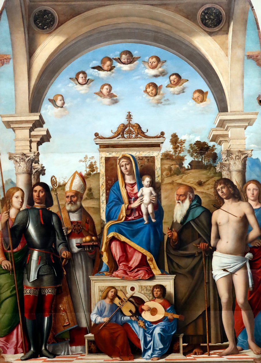 Madonna og barn tronet med de hellige Catherine, George, Nicholas, Anthony Abbot, Sebastian og Lucy av Giovanni Battista Cima da Conegliano