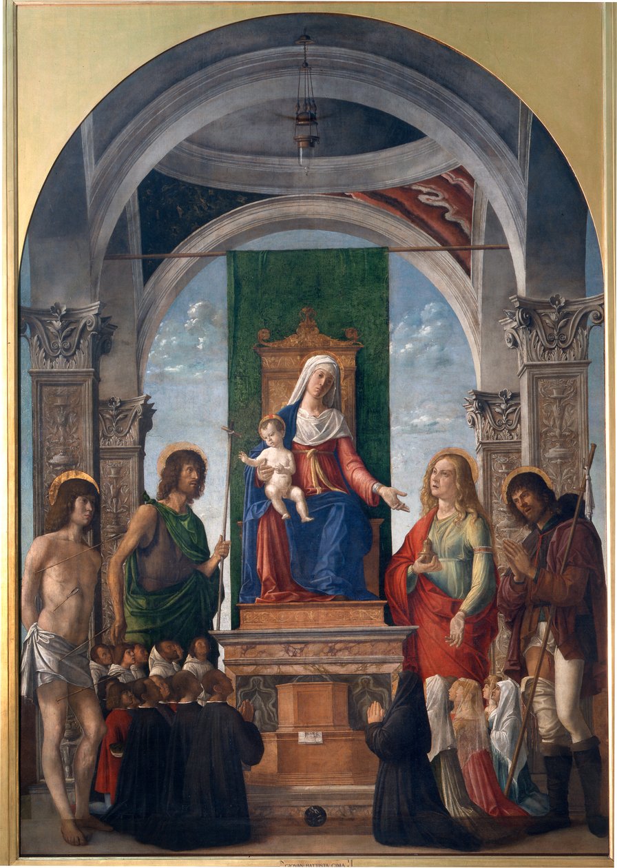 Madonna og barn på tronen med St. Sebastian, St. Johannes døperen, St. Mary Magdalena, St. Roch og medlemmer av brorskapet til San Giovanni Evangelista av Giovanni Battista Cima da Conegliano