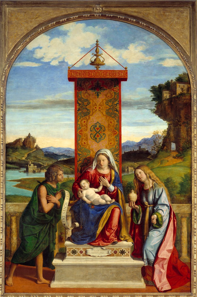 Jomfruen har et barn mellom døperen Johannes og Maria Magdalena. Maleri av Cima Da Conegliano (1459-1517) av Giovanni Battista Cima da Conegliano