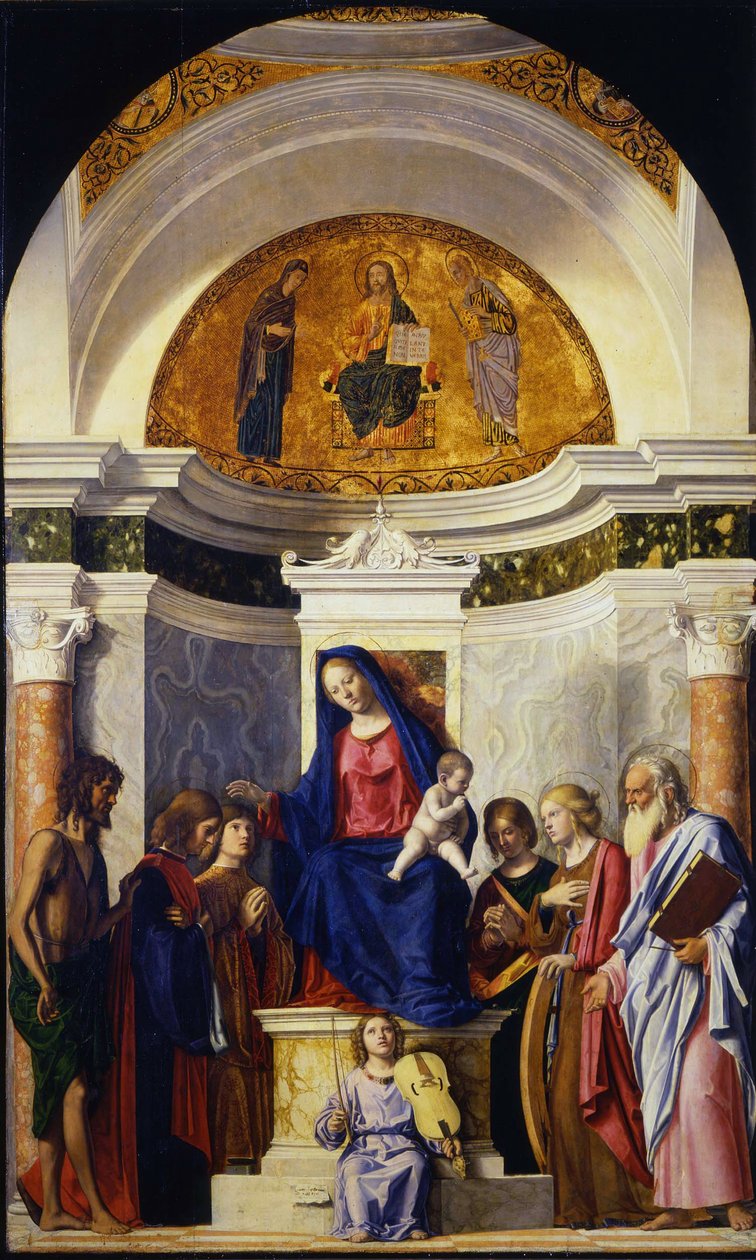 Jomfru og barn med de hellige døperen Johannes, Cosmas og Damian, Catherine og Paul, ca 1506-1507 av Giovanni Battista Cima da Conegliano
