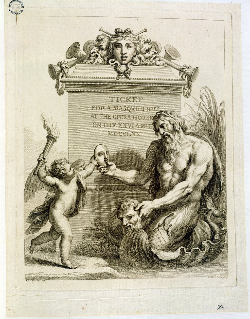 Billett til maskeball i operahuset 26. april, gravert av Francesco Bartolozzi (1727-1815), 1770 av Giovanni Battista Cipriani