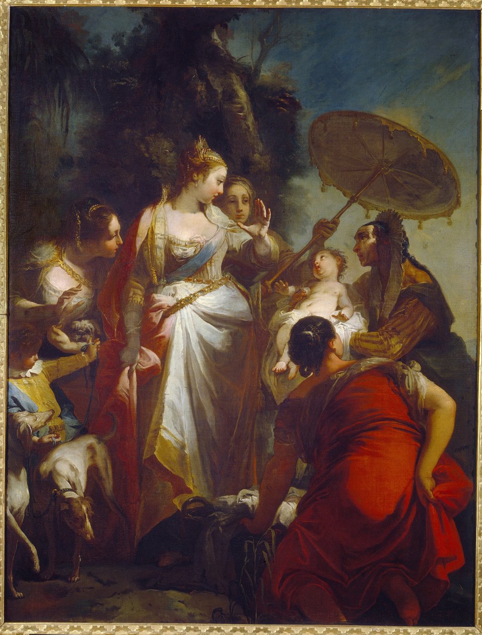 Oppdagelsen av Moses. (Funnet av Moses). Faraos datter bestemmer seg for å adoptere den nye funnet i en kurv nær Nilen (Egypt). Maleri av Giovanni Battista Crosato (ca. 1697-1758), olje på lerret, ca. 1730. Italiensk kunst (Venezia) av Giovanni Battista Crosato