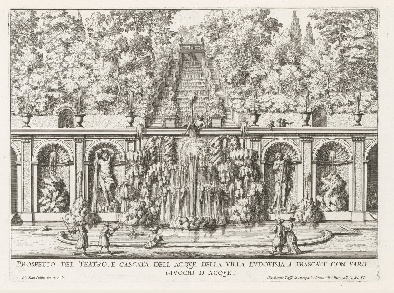 Cascade en Teatro delle Acque in the gardenen fra Villa Torlonia te Frascati Prospekt for teater- og vannkaskaden til Villa Ludovisia (...) (tittel på objekt) Fontenene til Frascati-villaene (serietittel) Fonteinen van Frascati (serietittel) av Giovanni Battista Falda