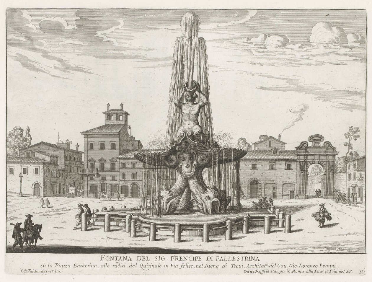 Tritonfontenen på Piazza Barberini i Roma Fontenen til Mr. Prencipe di Pallestrina (tittel på objekt) Fontenene i Roma (serietittel) Fonteinen van Rome (serietittel) av Giovanni Battista Falda