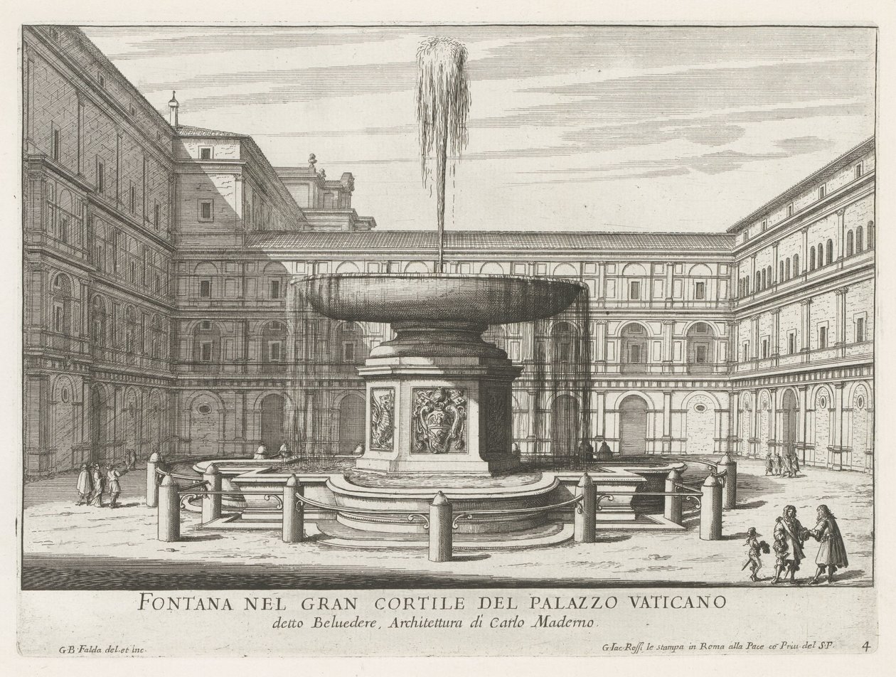 Fontein i de Cortile del Belvedere i Vatikanet Fontene i den store gårdsplassen til Vatikanpalasset (tittel på objekt) Fontenene i Roma (serietittel) Fonteinen van Rome (serietittel) av Giovanni Battista Falda