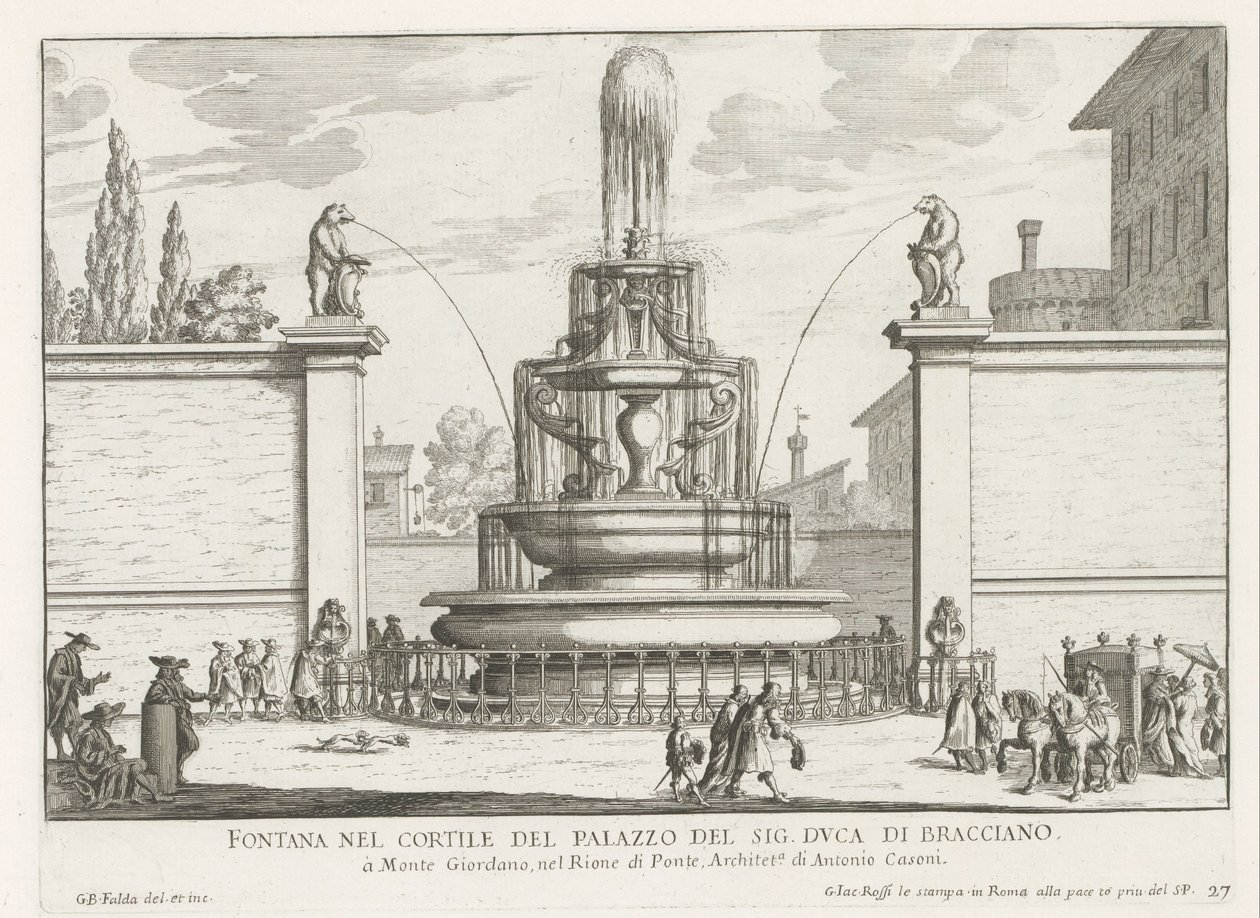 Fontein in the binnenplaats av Palazzo Taverna te Roma Fontene på gårdsplassen til Mr. hertug av Bracciano (tittel på objekt) Fontenene i Roma (serietittel) Fonteinen van Rome (serietittel) av Giovanni Battista Falda