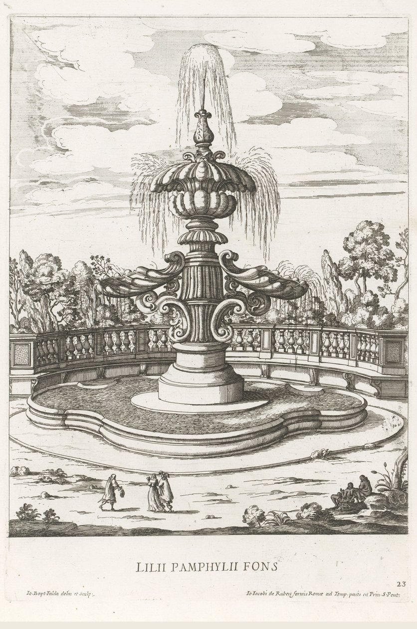 Fontene i hagen til Villa Doria Pamphilj i Roma Lilii Pamphylii fons (tittel på objekt) Le fontane ne palazzi e ne giardini di Roma (serietittel) Fontener i palassene og hagene i Roma (serietittel) av Giovanni Battista Falda