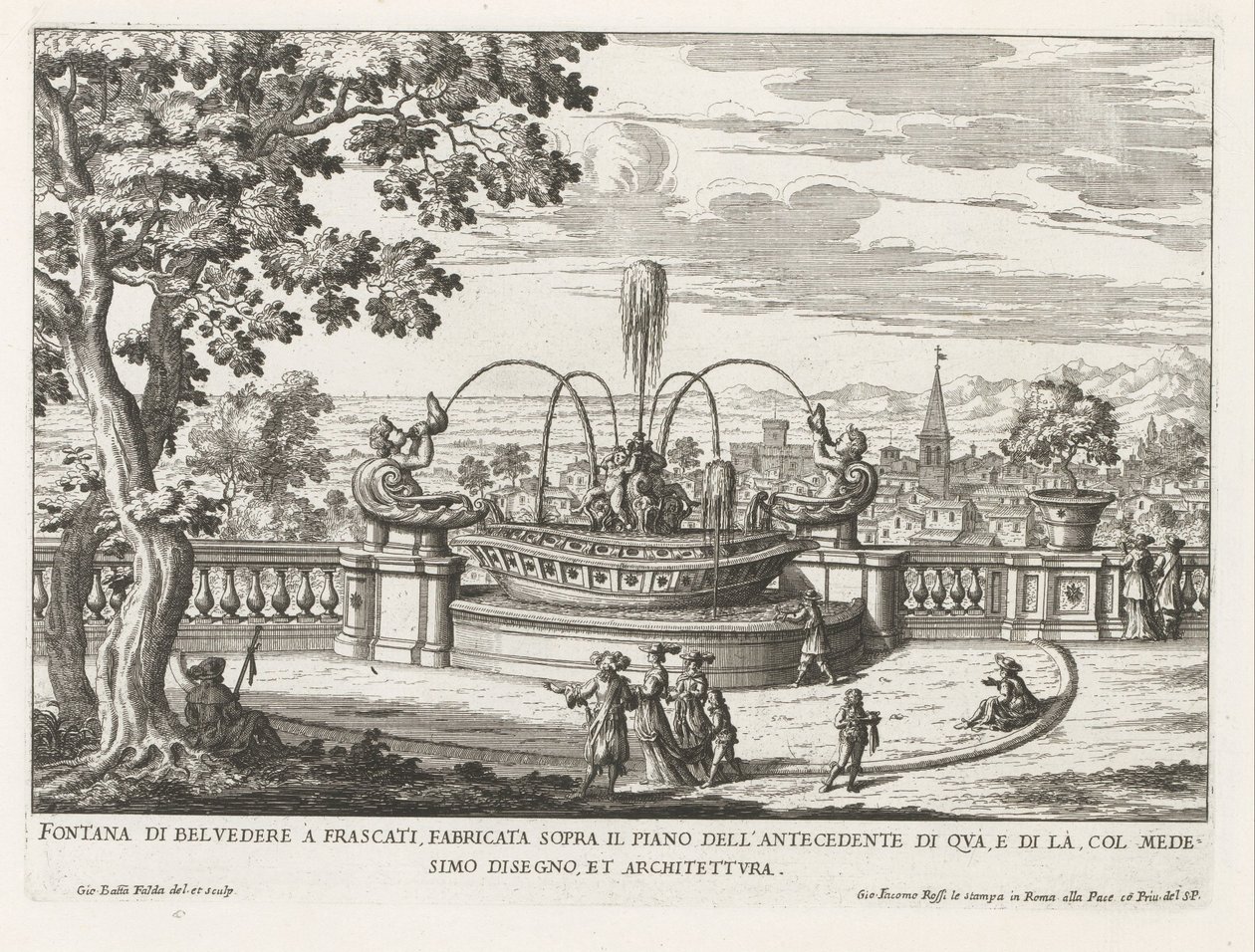Fontein in de tuinen van de Villa Aldobrandini te Frascati Belvedere-fontenen i Frascati, bygget over gulvet til forgangen på denne siden (...) (tittel på objekt) Fontenene til Frascati-villaene (serietittel) Fonteinen van Frascati (serietittel) av Giovanni Battista Falda
