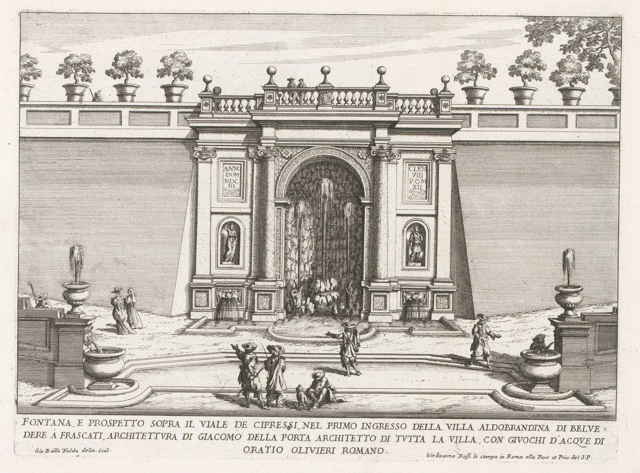Fontein in de tuinen van de Villa Aldobrandini te Frascati Fontana e prospetto sopra il viale de cipressi (...) (title on object) Fontane delle ville di Frascati (series title) Fonteinen van Frascati (series title)   1328627   no       norwegian Successful av Giovanni Battista Falda