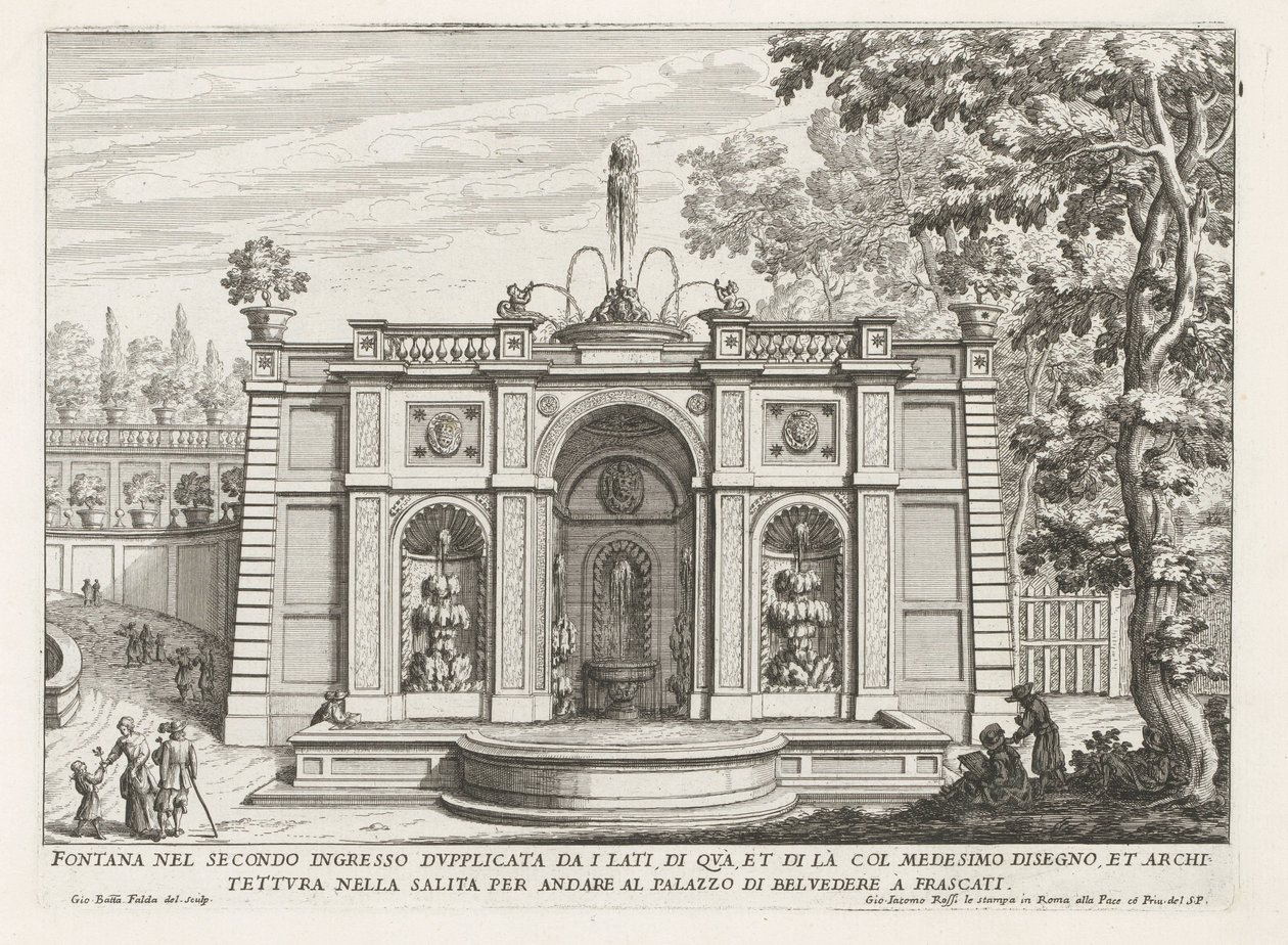 Fontein in de tuinen van de Villa Aldobrandini te Frascati Fontene i andre inngang doblet fra sidene (...) (tittel på objekt) Fontenene til Frascati-villaene (serietittel) Fonteinen van Frascati (serietittel) av Giovanni Battista Falda