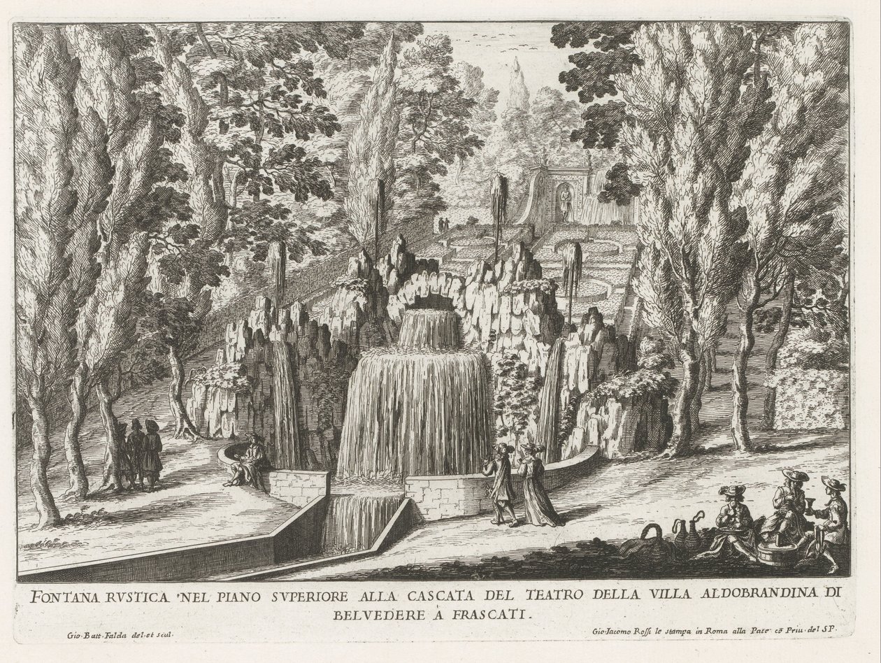 Fontein in de tuinen van de Villa Aldobrandini te Frascati Rustikk fontene i øverste etasje ved teatrets foss (...) (tittel på objekt) Fontenene til Frascati-villaene (serietittel) Fonteinen van Frascati (serietittel) av Giovanni Battista Falda