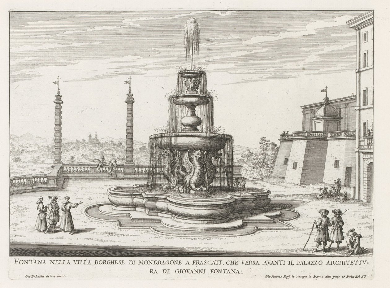 Fontein in de tuinen van de Villa Mondragone te Frascati Fontenen i Villa Borghese i Mondragone i Frascati (...) (tittel på objekt) Fontener av villaene til Frascati (serietittel) Fonteinen van Frascati (serietittel) av Giovanni Battista Falda