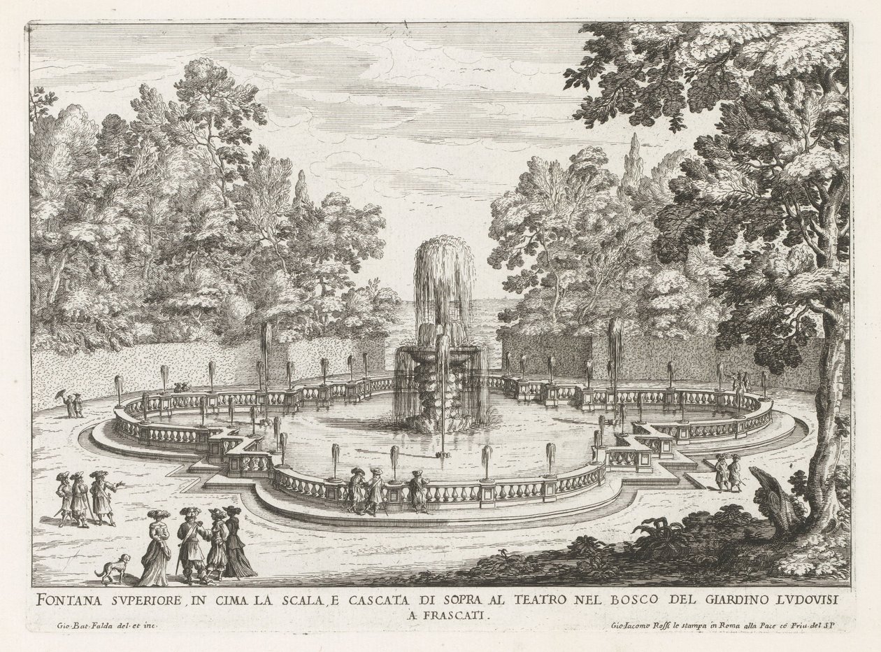 Fontein in de tuinen av Villa Torlonia te Frascati Øvre fontene på toppen av trappen og fossen over teateret (...) (tittel på objekt) Fontenene til Frascati-villaene (serietittel) Fonteinen van Frascati (serietittel) av Giovanni Battista Falda