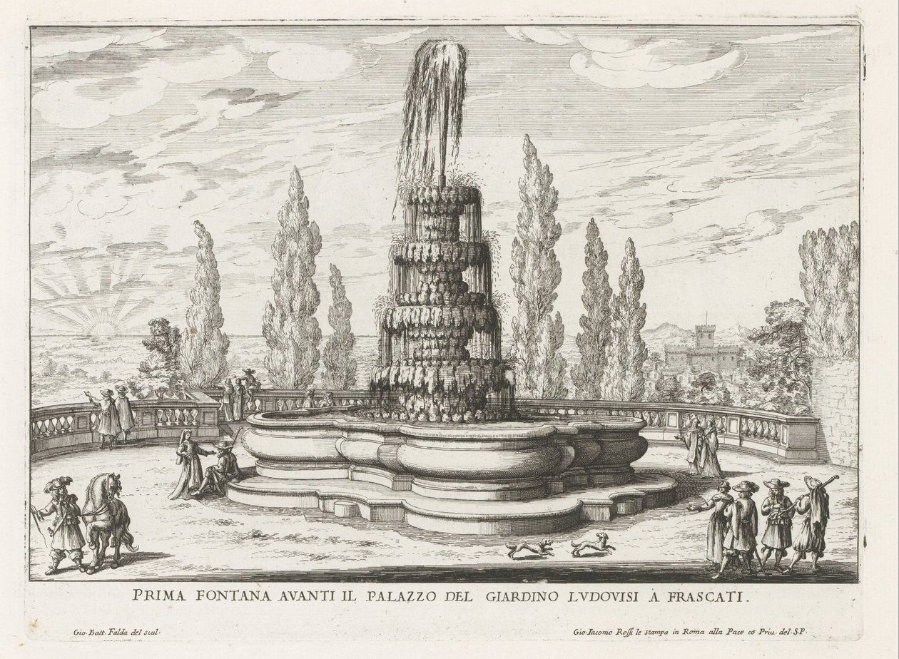 Fontein in de tuinen av Villa Torlonia te Frascati Første fontene foran Palazzo del Giardino Ludovisi i Frascati (tittel på objekt) Fontenene til Frascati-villaene (serietittel) Fonteinen van Frascati (serietittel) av Giovanni Battista Falda