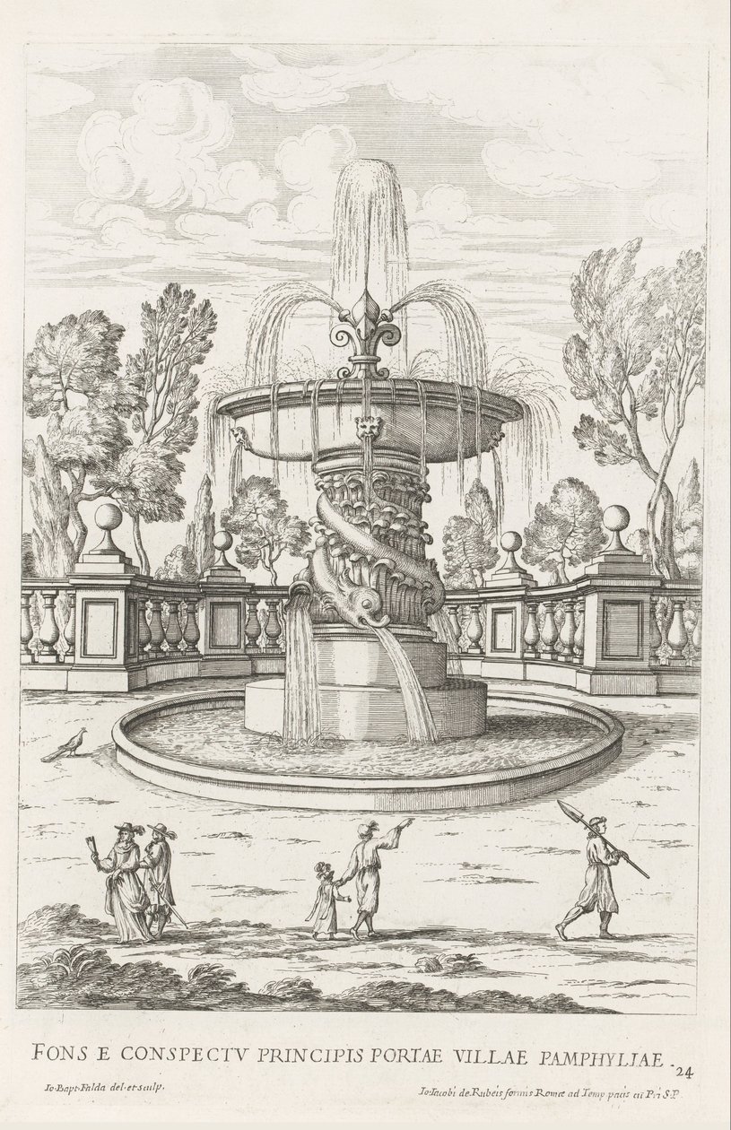 Fontein møtte dolfijnen i de tuinen av Villa Doria Pamphilj te Roma Fontenen foran prinsens port til byen Pamfylia (tittel på objekt) Le fontane ne palazzi e ne giardini di Roma (serietittel) Fonteinen in de paleizen en tuinen van Rome (serietittel av Giovanni Battista Falda