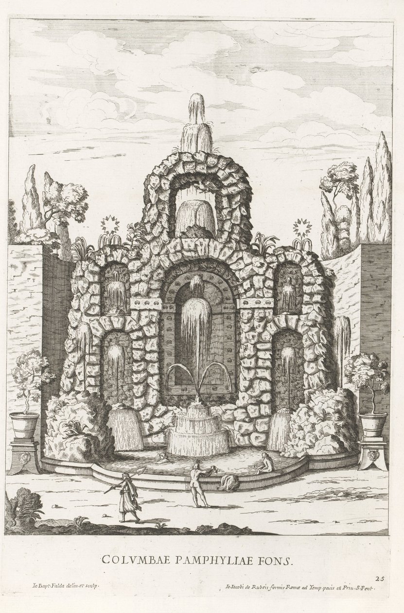 Fontene med duer i hagen til Villa Doria Pamphilj i Roma Columbae Pamphyliae fons (tittel på objekt) Le fontane ne palazzi e ne giardini di Roma (serietittel) Fontener i palassene og hagene i Roma (serietittel) av Giovanni Battista Falda