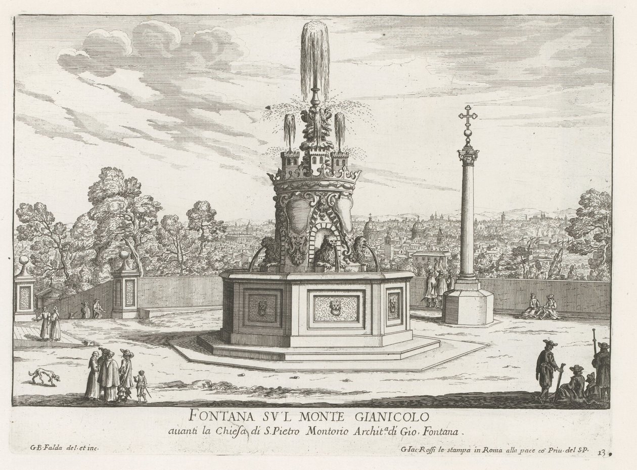 Fontein op Piazza San Pietro i Montorio op de Janiculumberg te Roma Fontene på Mount Gianicolo (tittel på objekt) Fontenene i Roma (serietittel) Fonteinen van Rome (serietittel) av Giovanni Battista Falda