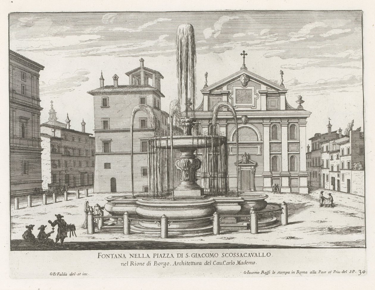 Fontein på Piazza Scossacavalli te Roma Fontene på Piazza di S. Giacomo Scossacavallo (tittel på objekt) Fontenene i Roma (serietittel) Fonteinen van Rome (serietittel) av Giovanni Battista Falda