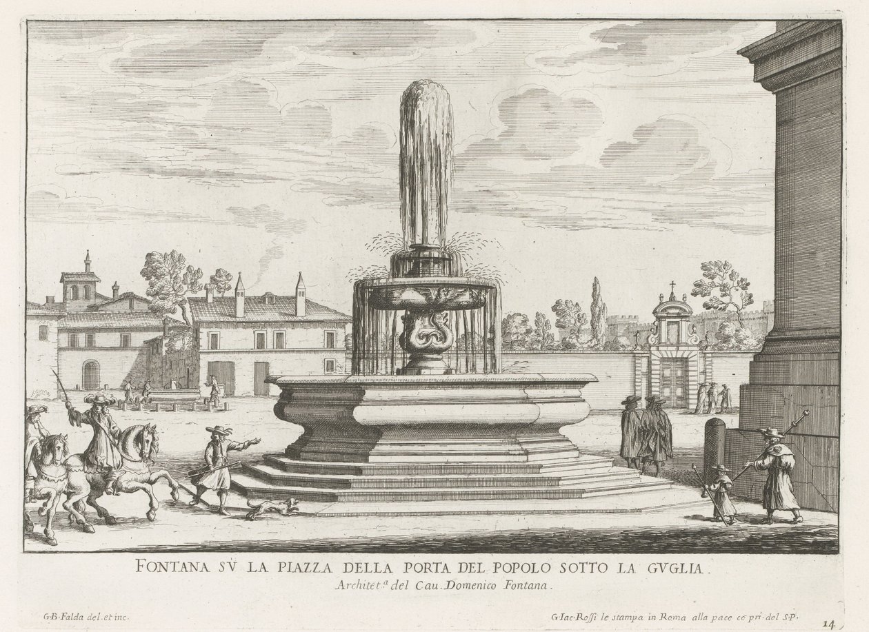 Fontein på Piazza del Popolo te Roma Fontene på Piazza della Porta del Popolo under spiret (tittel på objekt) Fontenene i Roma (serietittel) Fonteinen van Rome (serietittel) av Giovanni Battista Falda