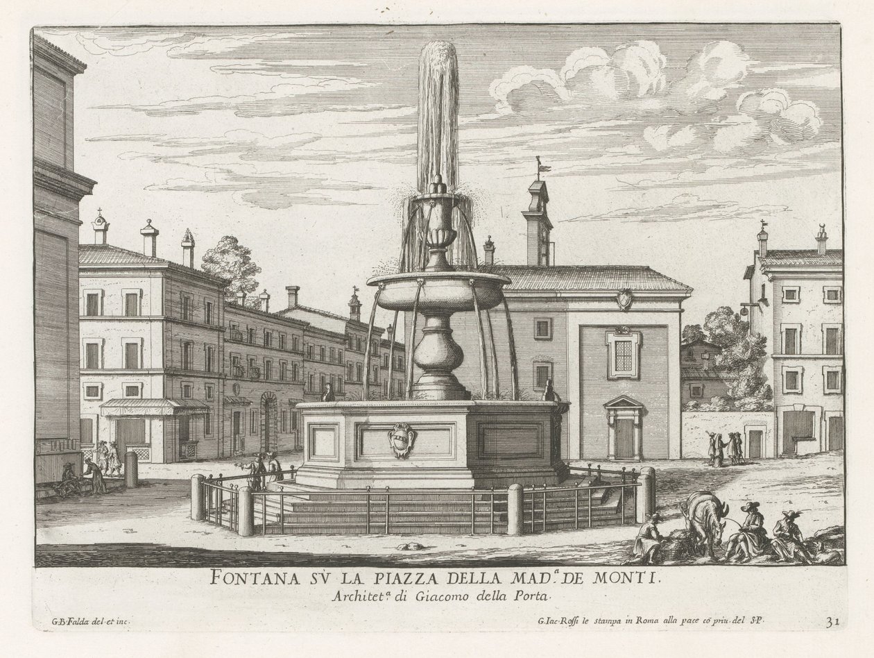Fontein på Piazza della Madonna dei Monti te Roma Fontene på Piazza della Mad.a de Monti (tittel på objekt) Fontenene i Roma (serietittel) Fonteinen van Rome (serietittel) av Giovanni Battista Falda