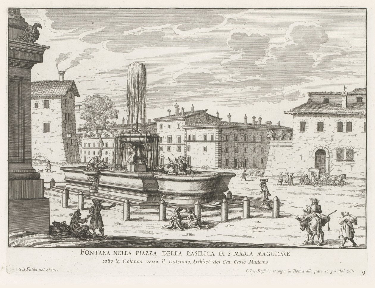 Fontein på Piazza di Santa Maria Maggiore te Roma Fontene på torget til basilikaen S. Maria Maggiore (tittel på objekt) Fontenene i Roma (serietittel) Fonteinen van Rome (serietittel) av Giovanni Battista Falda