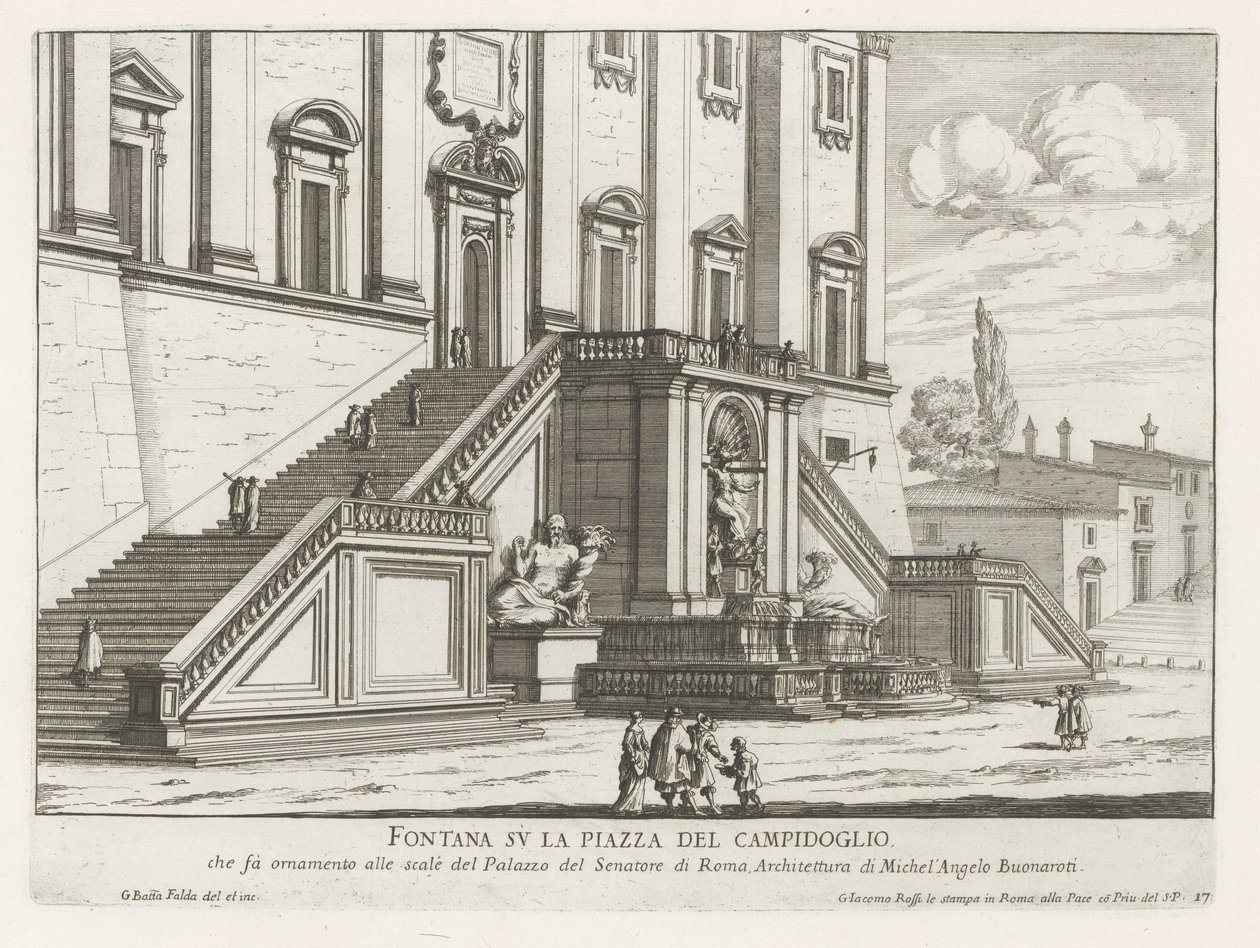 Fontene foran Palazzo Senatorio på Capitol i Roma Fontana su la Piazza del Campidoglio (tittel på objekt) Fontane di Roma (serietittel) Fountains of Rome (serietittel) av Giovanni Battista Falda