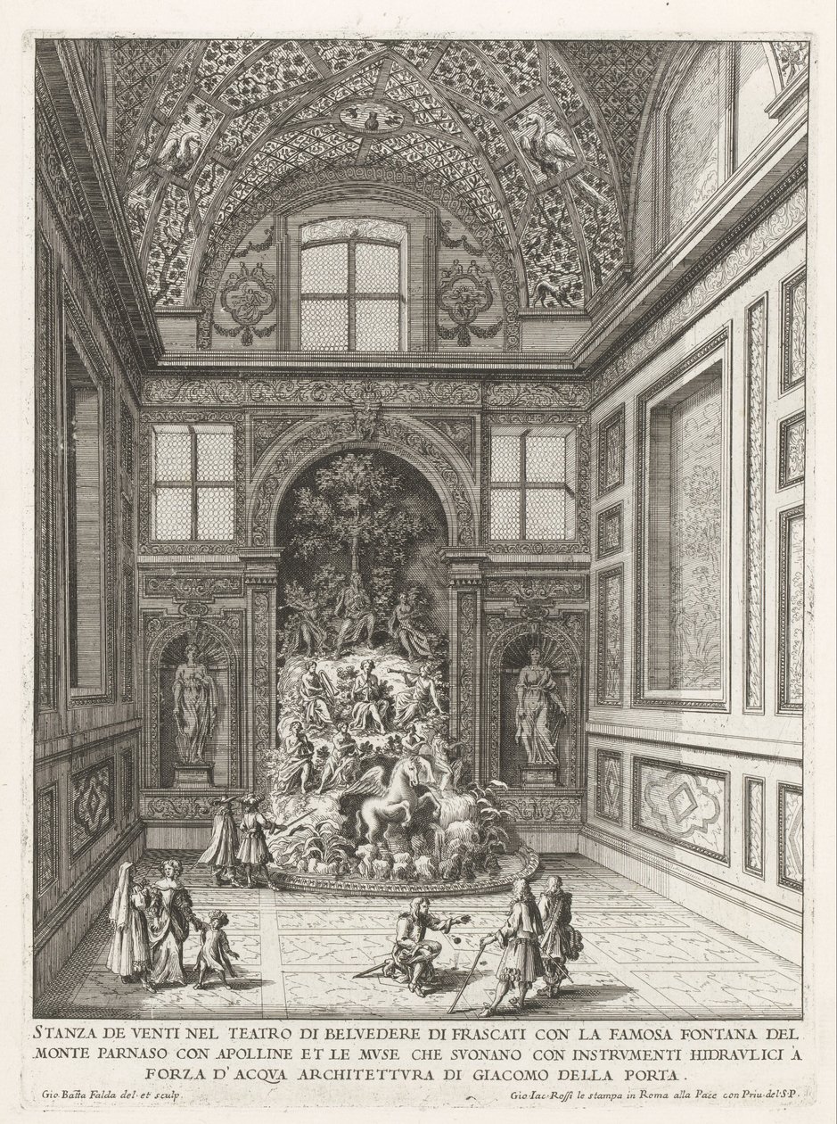 Room of the Winds i de tuinen av Villa Aldobrandini te Frascati Rom på tjue i Belvedere Theatre i Frascati (...) (tittel på objekt) Fontenene til Frascati-villaene (serietittel) Fonteinen van Frascati (serietittel) av Giovanni Battista Falda