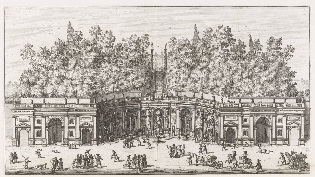 Theatre of the Waters i de tuinen av Villa Aldobrandini te Frascati Utsikt og høyde over det store vannteateret i Villa Aldobrandina (...) (tittel på objekt) Fontenene til Frascati-villaene (serietittel) Fonteinen van Frascati (serietittel) av Giovanni Battista Falda