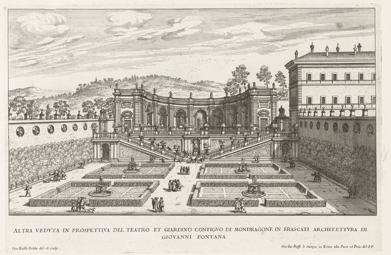 Tuinen van de Villa Mondragone te Frascati En annen perspektivvisning av teateret og den tilstøtende hagen (...) (tittel på objekt) Fontenene til Frascati-villaene (serietittel) Fonteinen van Frascati (serietittel) av Giovanni Battista Falda
