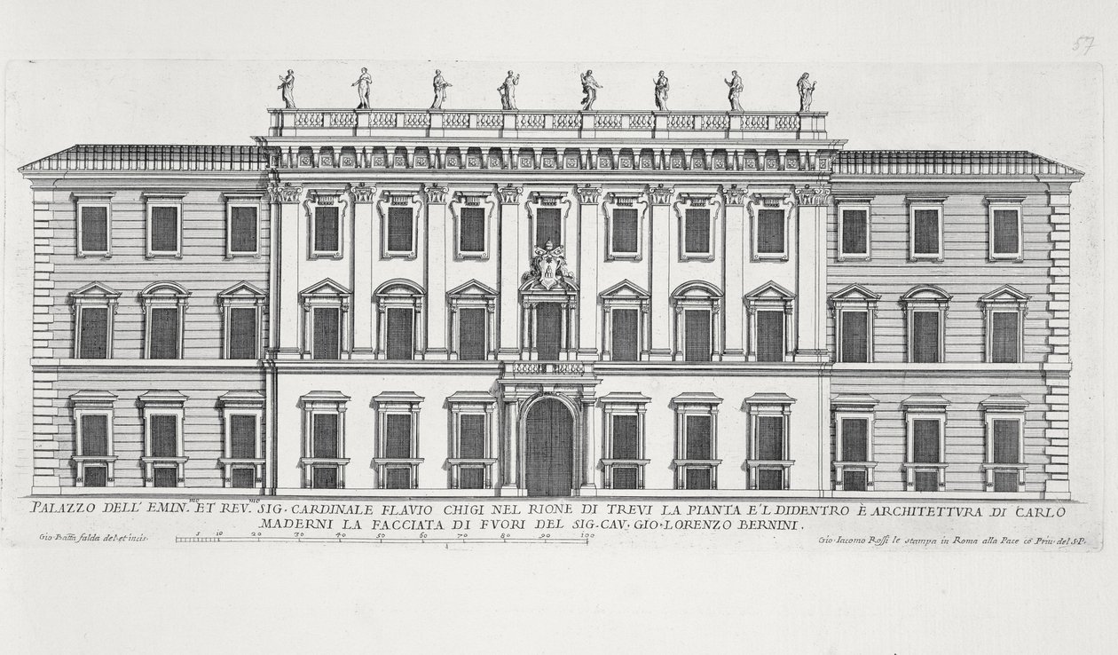 Utsikt over fasaden til Palazzo Chigi, Roma designet av Matteo di Castello, Carlo Maderno (1556-1629) og Giovanni Bernini (1598-1680) av Giovanni Battista Falda