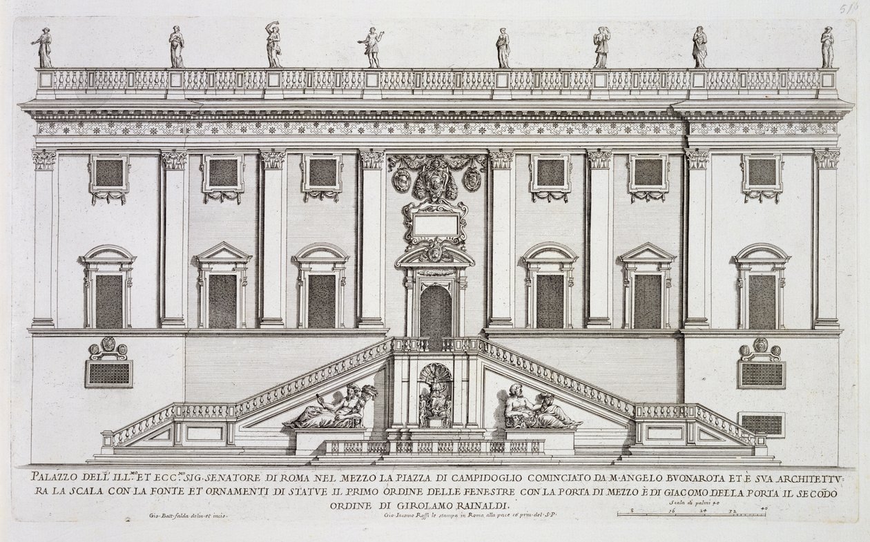 Utsikt over fasaden til Palazzo Senatorio på Piazza del Campidoglio, Roma, startet av Michelangelo Buonarroti (1475-1564) og fullført av Girolamo Rainaldi (1570-1655) av Giovanni Battista Falda