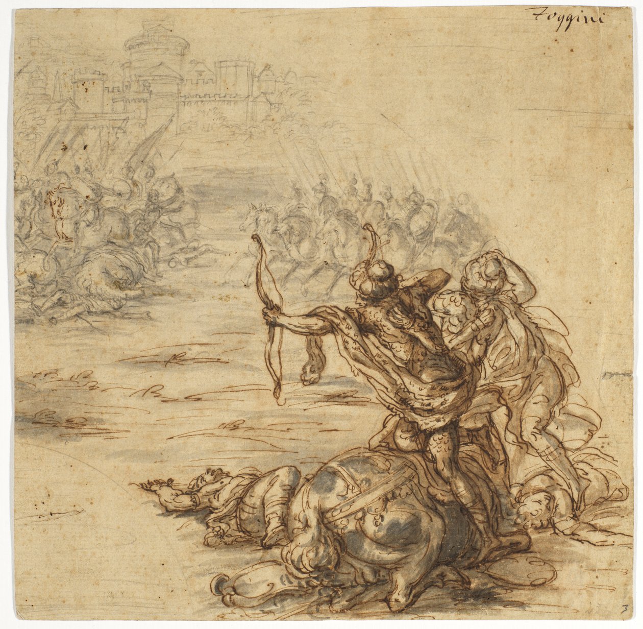 En kampscene utenfor en by med murer, 1600-tallet av Giovanni Battista Foggini