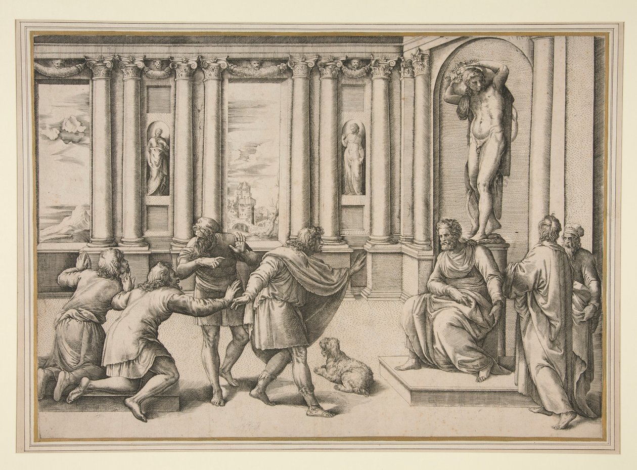 Mann som sitter under en statue av Bacchus og mottar et publikum av Giovanni Battista Franco (called Il Semolei)