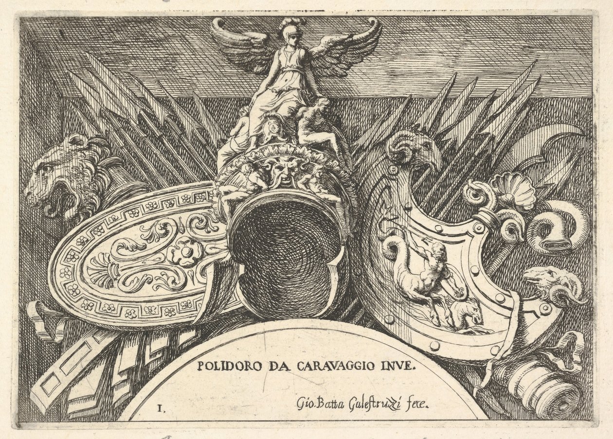 Plate 1: trofeer av romerske våpen fra dekorasjoner over vinduene i andre etasje ..., 1656-58. av Giovanni Battista Galestruzzi