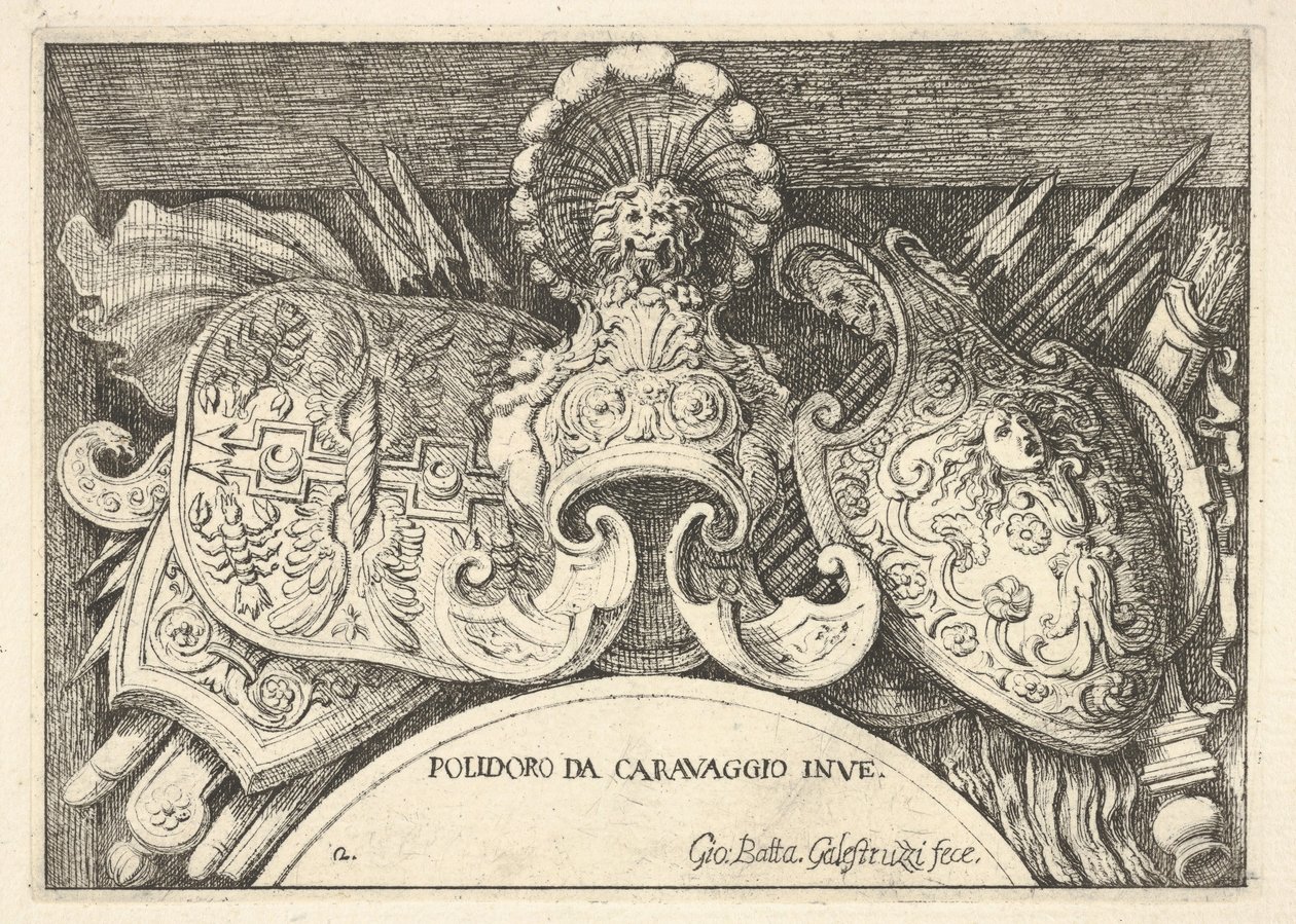 Plate 2: trofeer av romerske våpen fra dekorasjoner over vinduene i andre etasje ..., 1656-58. av Giovanni Battista Galestruzzi